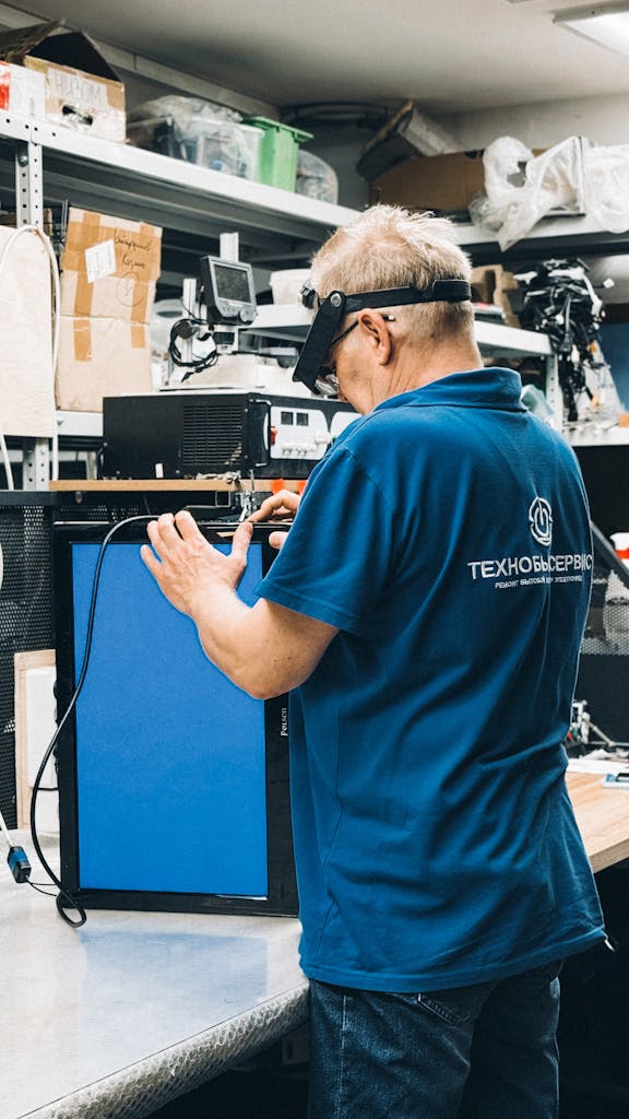 Adult male technician working on computer equipment in an electronics workshop.